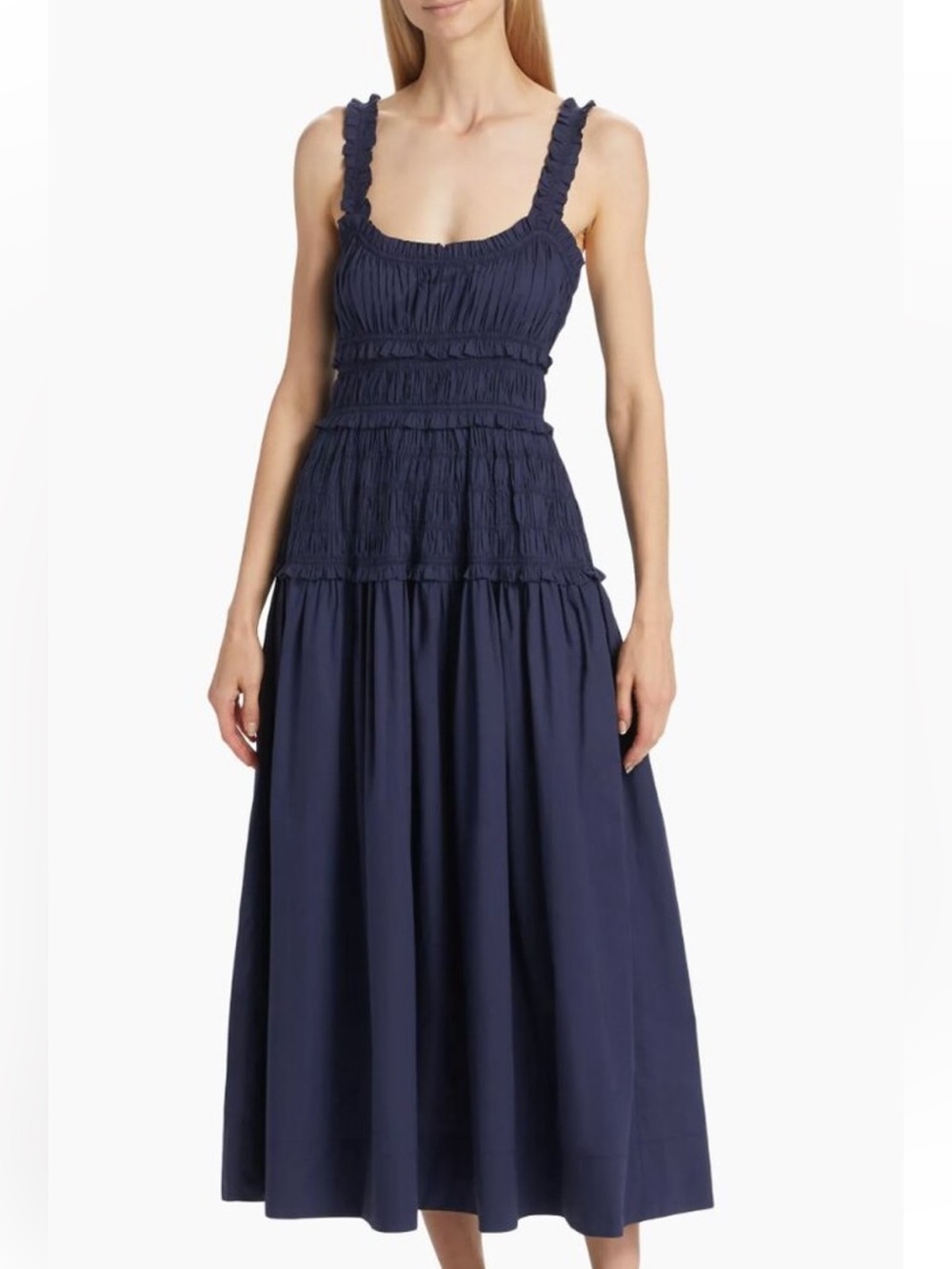 Caroline Constas Marianne Shirred Smocked Nap Dress in Navy Blue M Medium (Doen - Picture 2 of 6